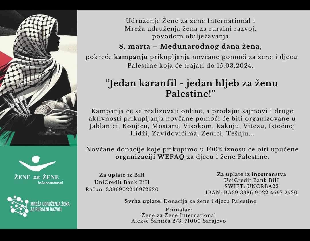 „Jedan karanfil – jedan hljeb za ženu Palestine!“: podržite akciju Udruženje Žene za žene International